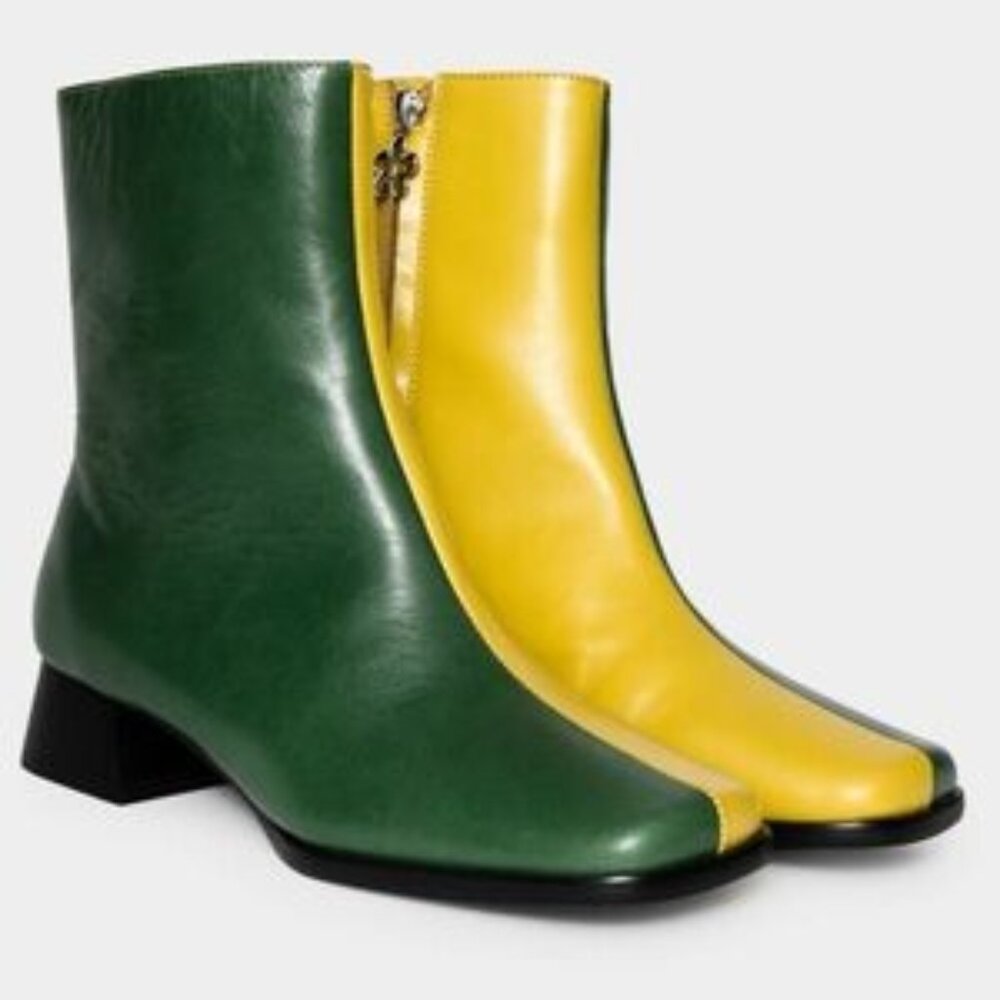 Lisa Says Gah Two-Tone Green and Yellow Leather Ankle Boots
